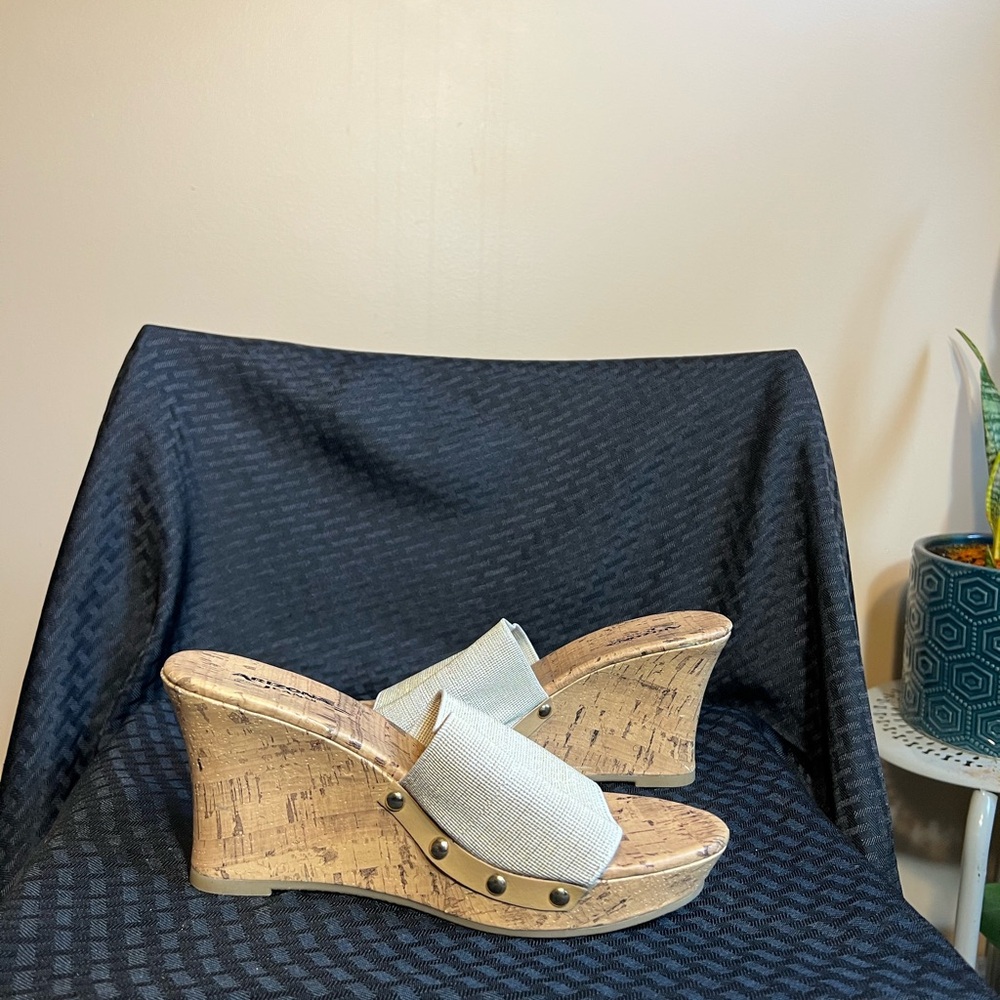 Arizona Jean Company Tan Cork Wedges with White Strap